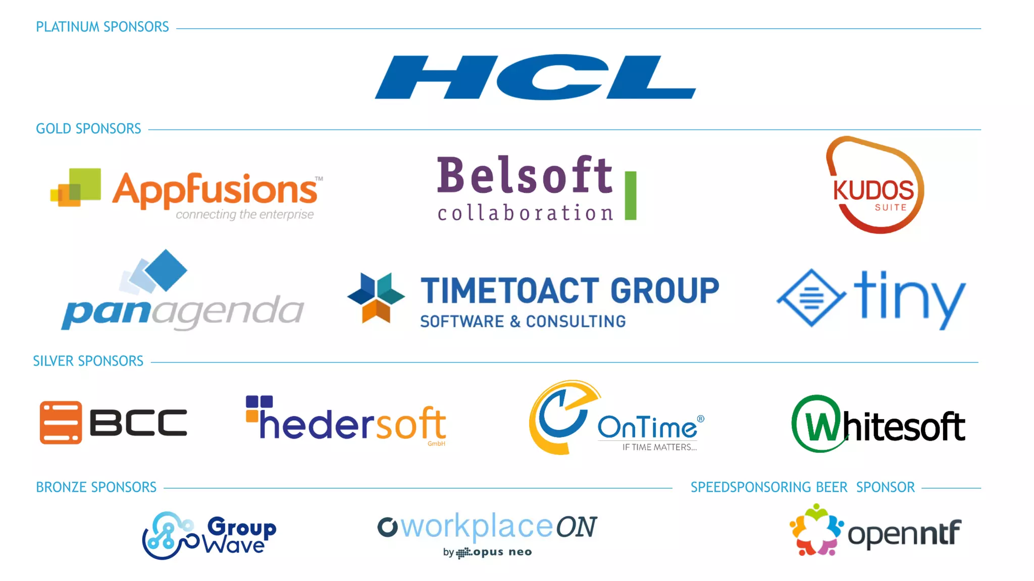 PLATINUM SPONSORS
GOLD SPONSORS
BRONZE SPONSORS
SILVER SPONSORS
SPEEDSPONSORING BEER SPONSOR
 