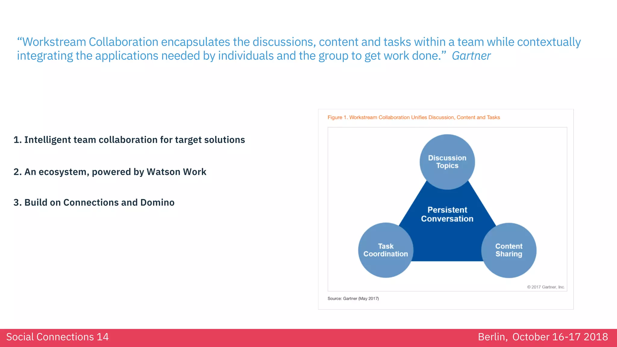 Social Connections 14 Berlin, October 16-17 2018
“Workstream Collaboration encapsulates the discussions, content and tasks within a team while contextually
integrating the applications needed by individuals and the group to get work done.” Gartner
1. Intelligent team collaboration for target solutions
2. An ecosystem, powered by Watson Work
3. Build on Connections and Domino
 