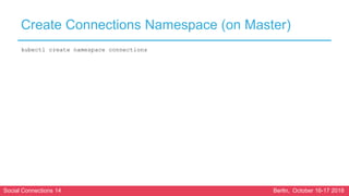 Social Connections 14 Berlin, October 16-17 2018
Create Connections Namespace (on Master)
kubectl create namespace connections
 