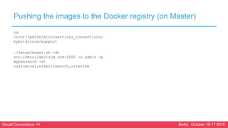 Social Connections 14 Berlin, October 16-17 2018
Pushing the images to the Docker registry (on Master)
cd
/root/cp6006/microservices_connections/
hybridcloud/support
./setupImages.sh -dr
soc.ibmcollabcloud.com:5000 -u admin -p
mypassword -st
customizer,elasticsearch,orientme
 