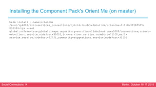 Social Connections 14 Berlin, October 16-17 2018
Installing the Component Pack's Orient Me (on master)
helm install --name=orientme
/root/cp6006/microservices_connections/hybridcloud/helmbuilds/orientme-0.1.0-20180925-
030334.tgz --set
global.onPrem=true,global.image.repository=soc.ibmcollabcloud.com:5000/connections,orient-
web-client.service.nodePort=30001,itm-services.service.nodePort=31100,mail-
service.service.nodePort=32721,community-suggestions.service.nodePort=32200
 