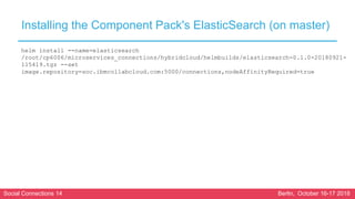 Social Connections 14 Berlin, October 16-17 2018
Installing the Component Pack's ElasticSearch (on master)
helm install --name=elasticsearch
/root/cp6006/microservices_connections/hybridcloud/helmbuilds/elasticsearch-0.1.0-20180921-
115419.tgz --set
image.repository=soc.ibmcollabcloud.com:5000/connections,nodeAffinityRequired=true
 