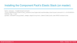 Social Connections 14 Berlin, October 16-17 2018
Installing the Component Pack's Elastic Stack (on master)
helm install --name=elasticstack
/root/cp6006/microservices_connections/hybridcloud/helmbuilds/elasticstack-0.1.0-20180925-
030346.tgz --set
global.onPrem=true,global.image.repository=soc.ibmcollabcloud.com:5000/connections
 
