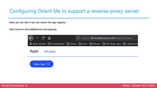 Social Connections 14 Berlin, October 16-17 2018
Configuring Orient Me to support a reverse-proxy server
Now we can test if we can reach the app registry:
http://soccxn.ibmcollabcloud.com/appreg
 