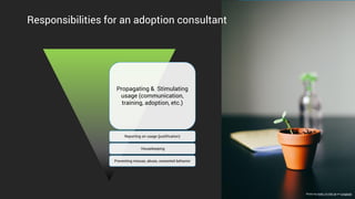 Propagating & Stimulating
usage (communication,
training, adoption, etc.)
Reporting on usage (justification)
Housekeeping
...