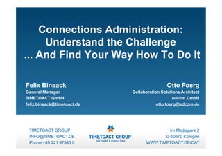 Connections Administration:
     Understand the Challenge
... And Find Your Way How To Do It

Felix Binsack                                 Otto Foerg
General Manager              Collaboration Solutions Architect
TIMETOACT GmbH                                   edcom GmbH
felix.binsack@timetoact.de               otto.foerg@edcom.de




 TIMETOACT GROUP                            Im Mediapark 2
 INFO@TIMETOACT.DE                        D-50670 Cologne
 Phone +49 221 97343 0             WWW.TIMETOACT.DE/CAT
 