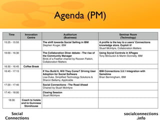 Agenda (PM)
   Time           Innovation                        Auditorium                                    Seminar Room
                    Centre                          (Business)                                     (Technology)
15:25 - 15:55                     The shift towards Social Selling in IBM         A proﬁle is the key to a users' Connections
                                  Stephen Kruger, IBM                             knowledge store. Exploit it!
                                                                                  Stuart McIntyre, Collaboration Matters
16:00 - 16:30                     The Collaboration Diner debate - The rise of    Using Social Controls in XPages
                                  the Community Manager                           Tony McGuckin & Martin Donnelly, IBM
                                  Birds of a Feather chaired by Rooven Pakkiri,
                                  Collaboration Matters
16:30 - 16:45    Coffee Break
16:45 - 17:15                     If You Build It, Will They Come? Driving User   IBM Connections 3.0.1 Integration with
                                  Adoption for Social Software                    Sametime
                                  Lisa Duke, Simpliﬁed Technology Solutions &     Brian Bermingham, IBM
                                  Sharon Bellamy, Applicable
17:20 - 17:40                     Social Connections - The Road Ahead
                                  Chaired by Stuart McIntyre
17:45 - 18:00                     Closing Session
                                  Stuart McIntyre
   18:30        Coach to hotels
                and to Guinness
                  Storehouse


   Social                                                                                             socialconnections
Connections                                                                                                  .info
 