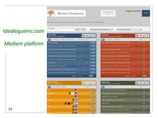Participate today at Beyond Tolerance                                                                                                                                        5/ 11/ 10 8:39 AM




                                                                                                                                                                            Logged in as tomm
                                                                                                                              UPDATE PROFILE
                                                                                                                                                                                                       HOME
                                                                                                                                   LOG OUT




                   An online sanctuary for the exploration of religious and cultural understanding.



                    TOOLBAR
                                                                                                         Don't see your topic? Create new...                Part of a group ? Select...

Idealogueinc.com
                                                                             Search       Clear



                    DI ALOGUES                                                                                              OPI NI ONS
                    CREATE AND JOIN CONVERSATIONS                                                                           EXPRESS YOUR VIEWS AND SEE PERSPECTIVES


                     ALL      MY DIALOGUES    INVITES     OPEN TO YOU                 ACTIVITY    NEW                        ALL   MY OPINIONS     MY SLIDERS                                   NEW




Mediem platform      Words in dialogue


                     What is the role of religion in conflict? Is it the root o…
                                                                                                                            How comfortable are you speaking about your religio…


                                                                                                                            Do you feel that culture holds a strong sway over reli…


                     Do you think non-faith students should be allowed t…                                                   Are science and religion compatible?


                     How does media influence your views on various reli…                                                   Are some people destined for a positive afterlife whil…


                     Do you think interreligious and/or intercultural datin…                                                Does having more access to varied religious and spir…


                     Are there certain situations where dialog is not possi…                                                Is there a universal truth, or is every truth subjective …


                     as an activist...                                                                                      To what extent do you think something can be called…


                     Spiritual values and social action                                                                     "One nation's terorist is another nation's freedom fig…


                     Why do you suppose most of the terrorists are young ?                                                  Did the founding fathers of the United States intend t…


                     Does feminism demand that feminists fight for the s…                                                   How valuable do you think studying abroad is in und…


                                                                    Showing 1-10 of 42                                                                                     Showing 1-10 of 47




                    PARTI CI PANTS                                                                                          RESOURCES
                    CREATE AND SEARCH PROFILES
                                                                                                  edit                      BROWSE DOCUMENTS AND MULTIMEDIA


                     ALL      MY DIALOGUE PARTICIPANTS                                            NEW                        ALL   MY RESOURCES                                                 NEW


                    tomm                                                                                                    How To Grow a Terrorist Without Really Trying


                    Kleoboule                                                                                               Interfaith Amigos Channel the Three Stooges


                    SG                                                                                                      J Street Print Ad in NY Times


                    littletree                                                                                              "Mass -Market Epiphany" by Ross Douthat


                    nds                                                                                                     Budrus Trailer


                    Ace                                                                                                     Oxford English Dictionary -- Feminism


 14                 matt                                                                                                    Florida State Law Review: Family courts and child cus…


                    ajordan                                                                                                 The mama lion at the gate: Maternal chauvinism is a …


                    stephb                                                                                                  Women's Institution Rankings
 