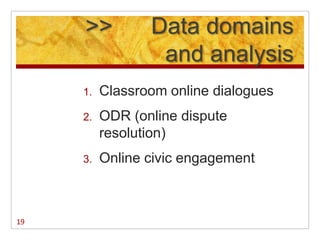 >>          Data domains
                  and analysis
     1.   Classroom online dialogues
     2.   ODR (online dispute
          resolution)
     3.   Online civic engagement



19
 