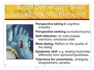 Social Deliberative Skills:
    Social/Emotional/Reflective
             Perspective taking & cognitive
               empathy
             Perspective seeking (curiosity/inquiry)
             Self-reflection: on one's biases,
               intentions, emotional state
             Meta-dialog: Reflect on the quality of
               the dialog
             Epistemic skill: e.g. treating facts/data
               differently from opinions/hypotheses
             Tolerance for uncertainty, ambiguity,
               disagreement, paradox
7
             …
 