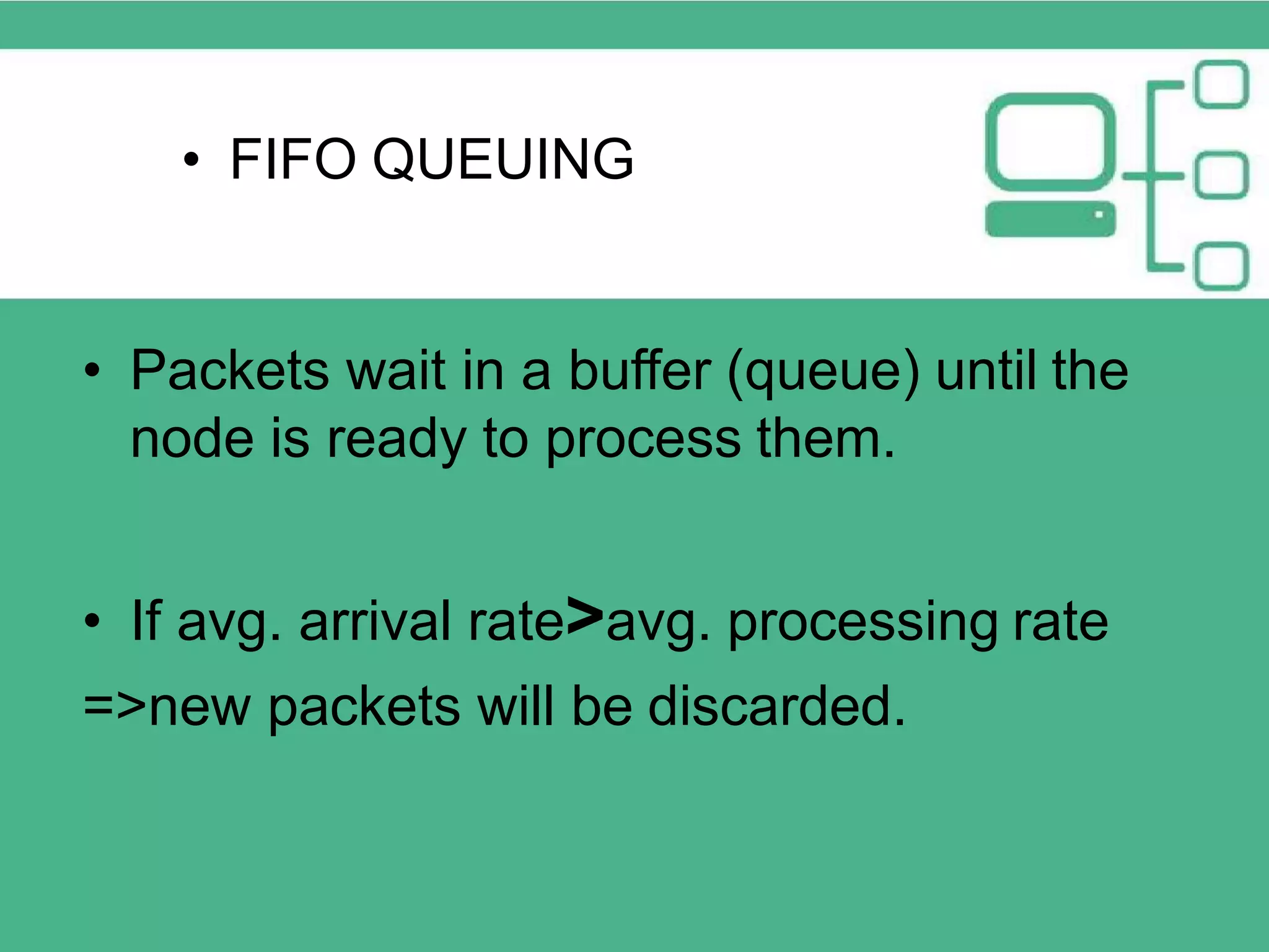 • FIFO QUEUING • Packets wait in a buffer (queue) until the node is ready to process them. • If avg. arrival rate>avg. processing rate =>new packets will be discarded. 