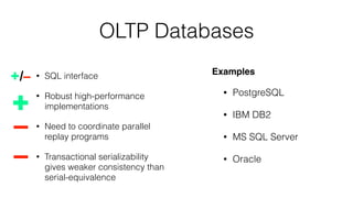 OLTP Databases
• PostgreSQL
• IBM DB2
• MS SQL Server
• Oracle
• SQL interface
• Robust high-performance
implementations
•...