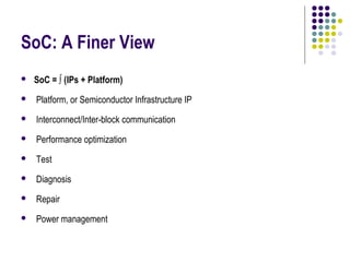 SoC: A Finer View
   SoC = ∫ (IPs + Platform)
   Platform, or Semiconductor Infrastructure IP
   Interconnect/Inter-block communication
   Performance optimization
   Test
   Diagnosis
   Repair
   Power management
 