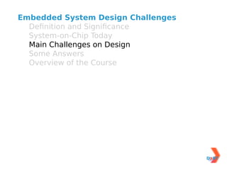 Embedded System Design Challenges
  Deﬁnition and Signiﬁcance
  System-on-Chip Today
  Main Challenges on Design
  Some Answers
  Overview of the Course
 