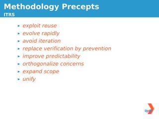 Methodology Precepts
ITRS

       exploit reuse
       evolve rapidly
       avoid iteration
       replace veriﬁcation by prevention
       improve predictability
       orthogonalize concerns
       expand scope
       unify
 