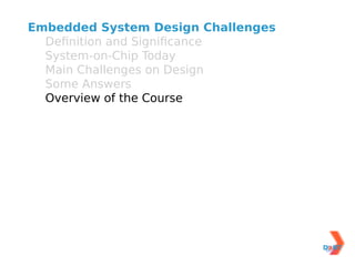 Embedded System Design Challenges
  Deﬁnition and Signiﬁcance
  System-on-Chip Today
  Main Challenges on Design
  Some Answers
  Overview of the Course
 