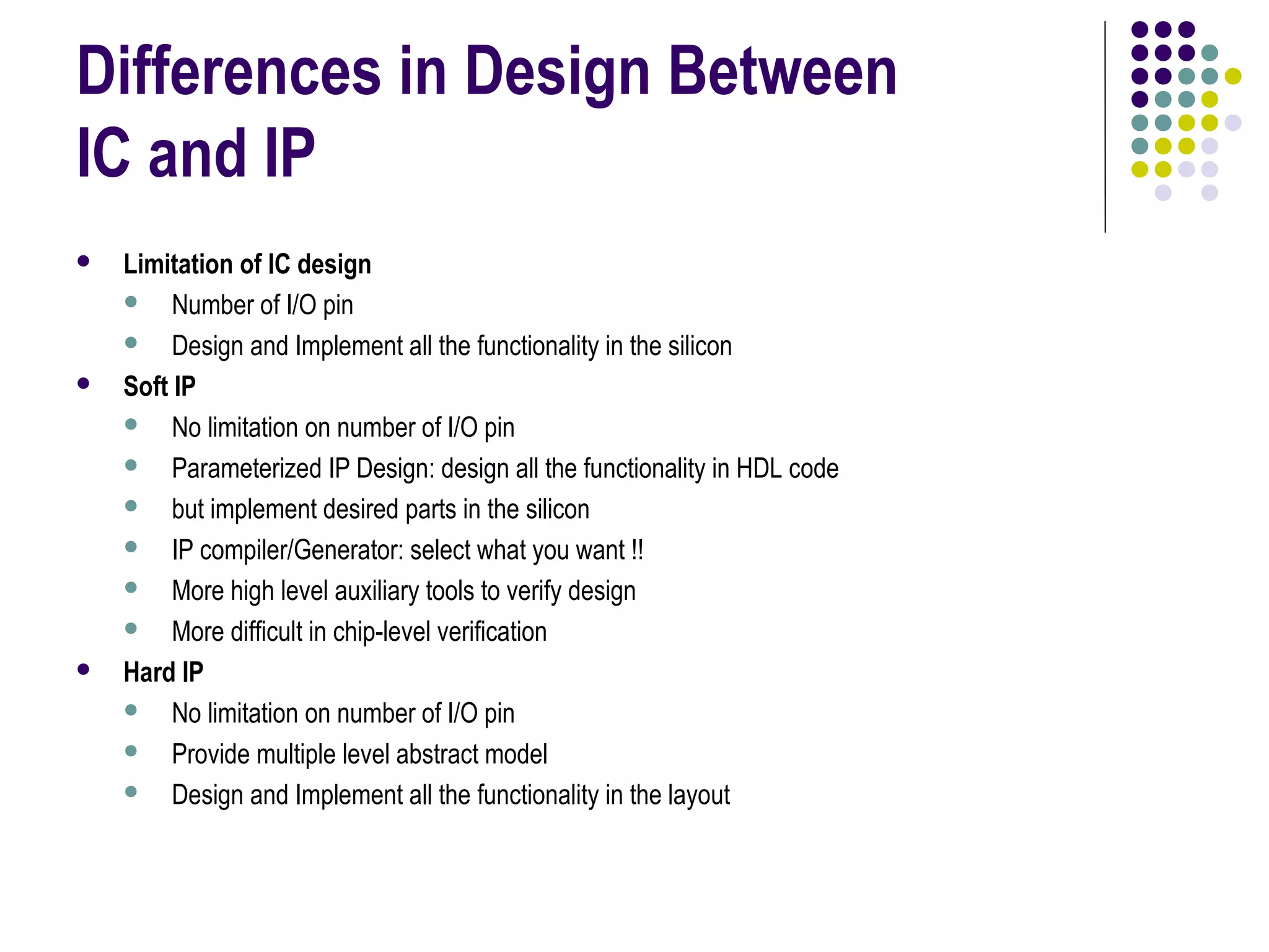Differences in Design Between
IC and IP
 Limitation of IC design
 Number of I/O pin
 Design and Implement all the functionality in the silicon
 Soft IP
 No limitation on number of I/O pin
 Parameterized IP Design: design all the functionality in HDL code
 but implement desired parts in the silicon
 IP compiler/Generator: select what you want !!
 More high level auxiliary tools to verify design
 More difficult in chip-level verification
 Hard IP
 No limitation on number of I/O pin
 Provide multiple level abstract model
 Design and Implement all the functionality in the layout
 