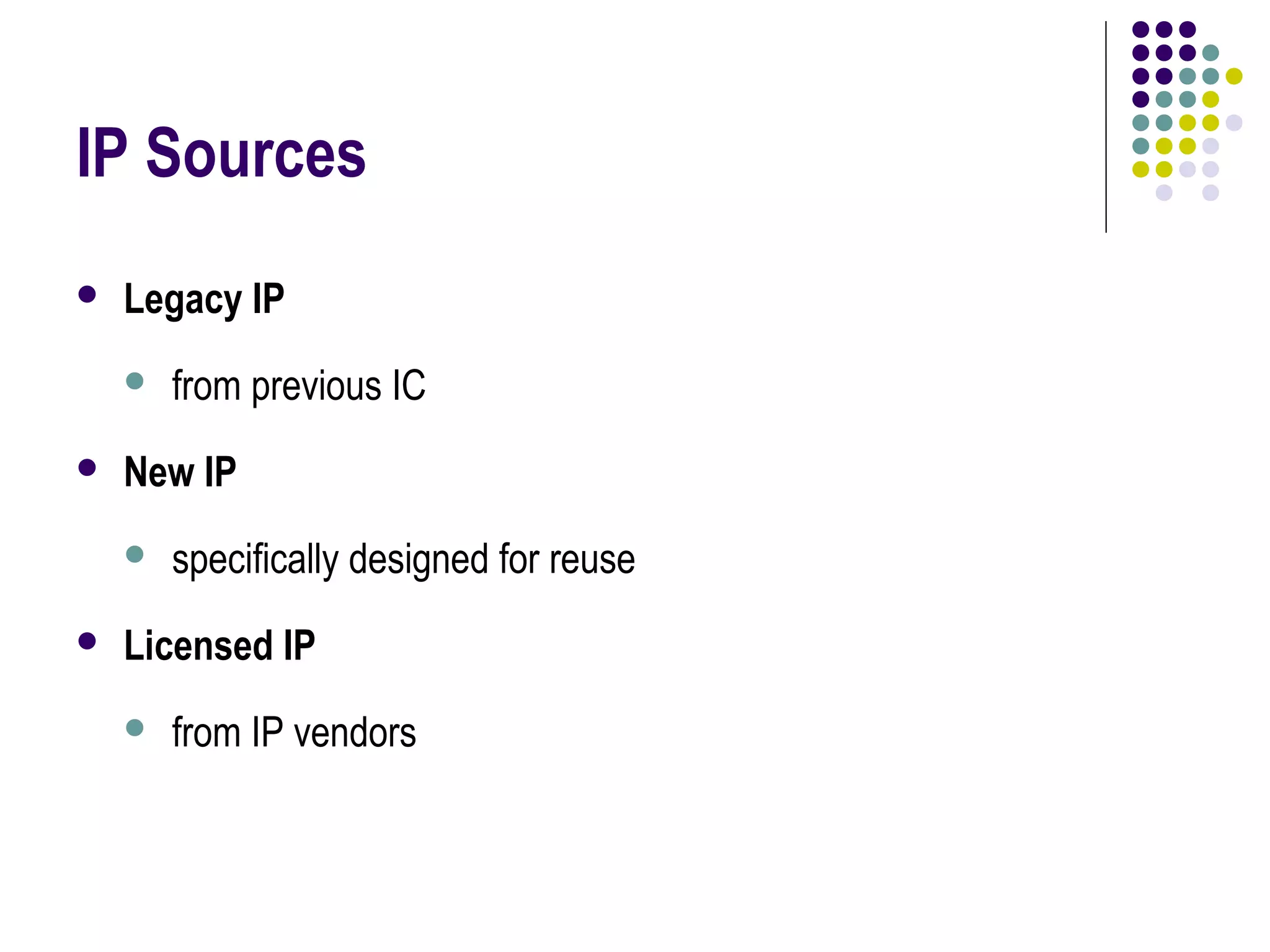 IP Sources
 Legacy IP
 from previous IC
 New IP
 specifically designed for reuse
 Licensed IP
 from IP vendors
 
