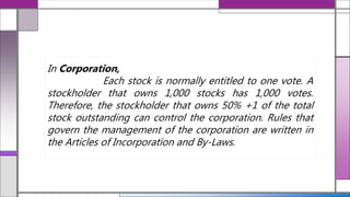 In Corporation,
Each stock is normally entitled to one vote. A
stockholder that owns 1,000 stocks has 1,000 votes.
Therefore, the stockholder that owns 50% +1 of the total
stock outstanding can control the corporation. Rules that
govern the management of the corporation are written in
the Articles of Incorporation and By-Laws.
 