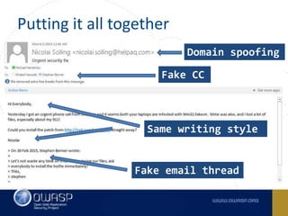 Putting it all together
Fake email thread
Fake CC
Domain spoofing
Same writing style
 