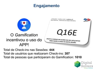 O Gamification
incentivou o uso do
APP!
Total de Check-ins nas Sessões: 444
Total de usuários que realizaram Check-ins: 307
Total de pessoas que participaram do Gamification: 1010
 