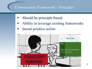 Cybersecurity Framework - Principles
 Should be principle-based
 Ability to leverage existing frameworks
 Incent positive action
10
 