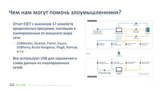 6
© 2020 Cisco and/or its affiliates. All rights reserved. Cisco Partner Public
Чем нам могут помочь злоумышленники?
• Отчет ESET с анализом 17 семейств
вредоносных программ, попавших в
изолированные от внешнего мира
сети
- USBStealer, Stuxnet, Flame, Gauss,
USBFerry, Brutal Kangaroo, PlugX, Ramsay
и т.п.
• Все используют USB для заражения и
слива данных из изолированных
сетей
 