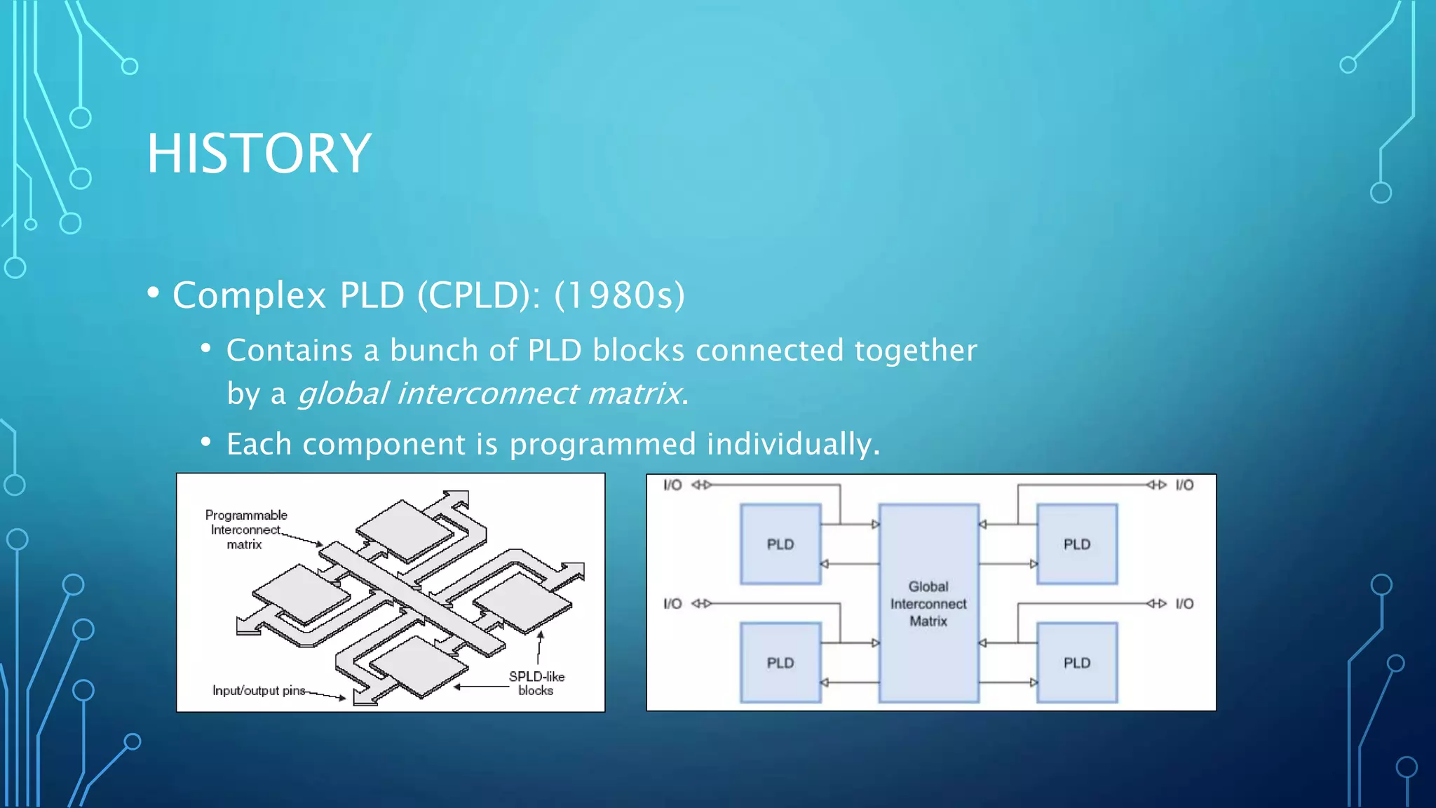 HISTORY 
• Complex PLD (CPLD): (1980s) 
• Contains a bunch of PLD blocks connected together 
by a global interconnect matrix. 
• Each component is programmed individually. 
 