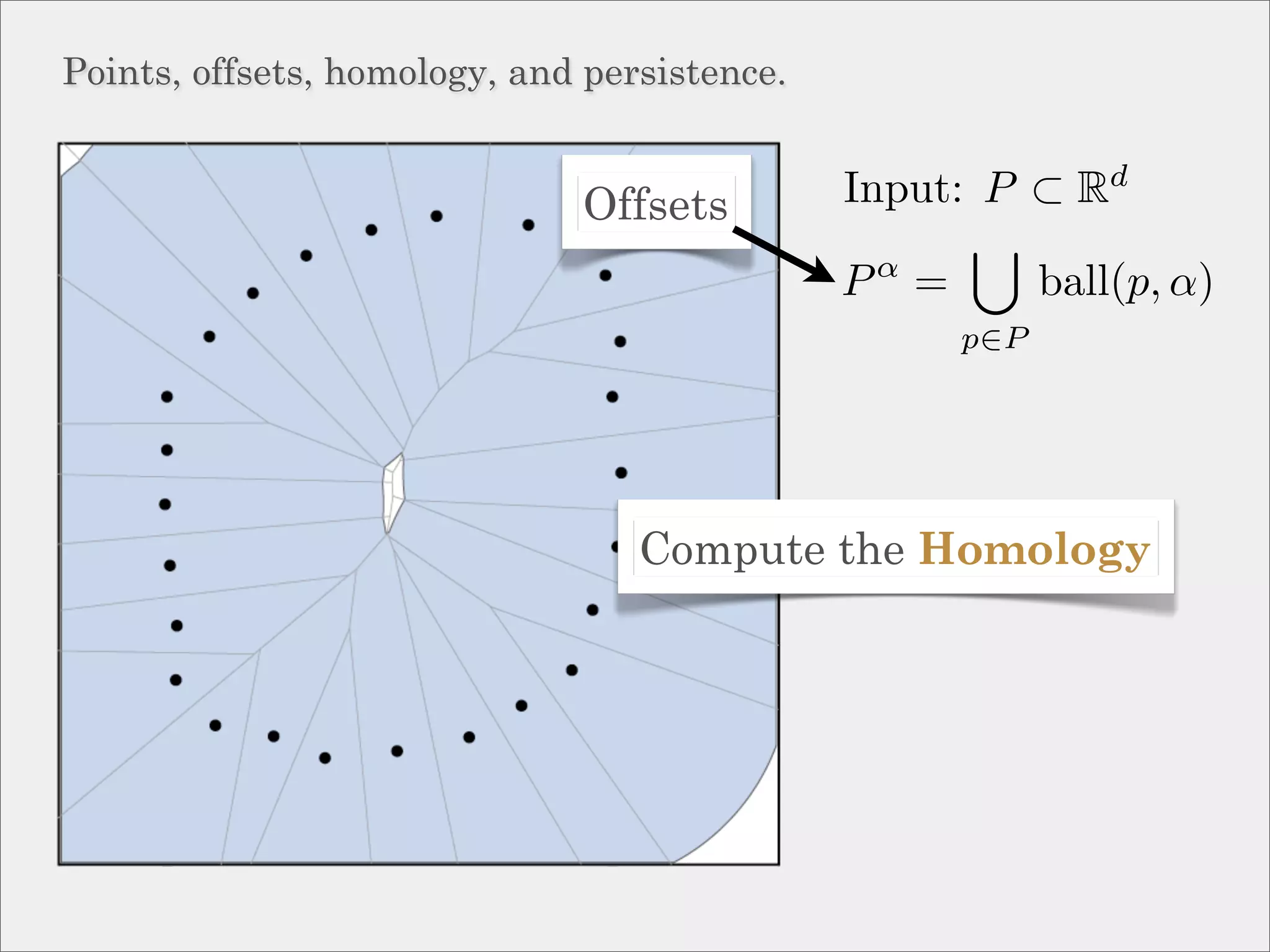 Points, offsets, homology, and persistence.


                              Offsets         Input: P ⊂ Rd
                                               α
                                              P =         ball(p, α)
                                                    p∈P




                                  Compute the Homology
 