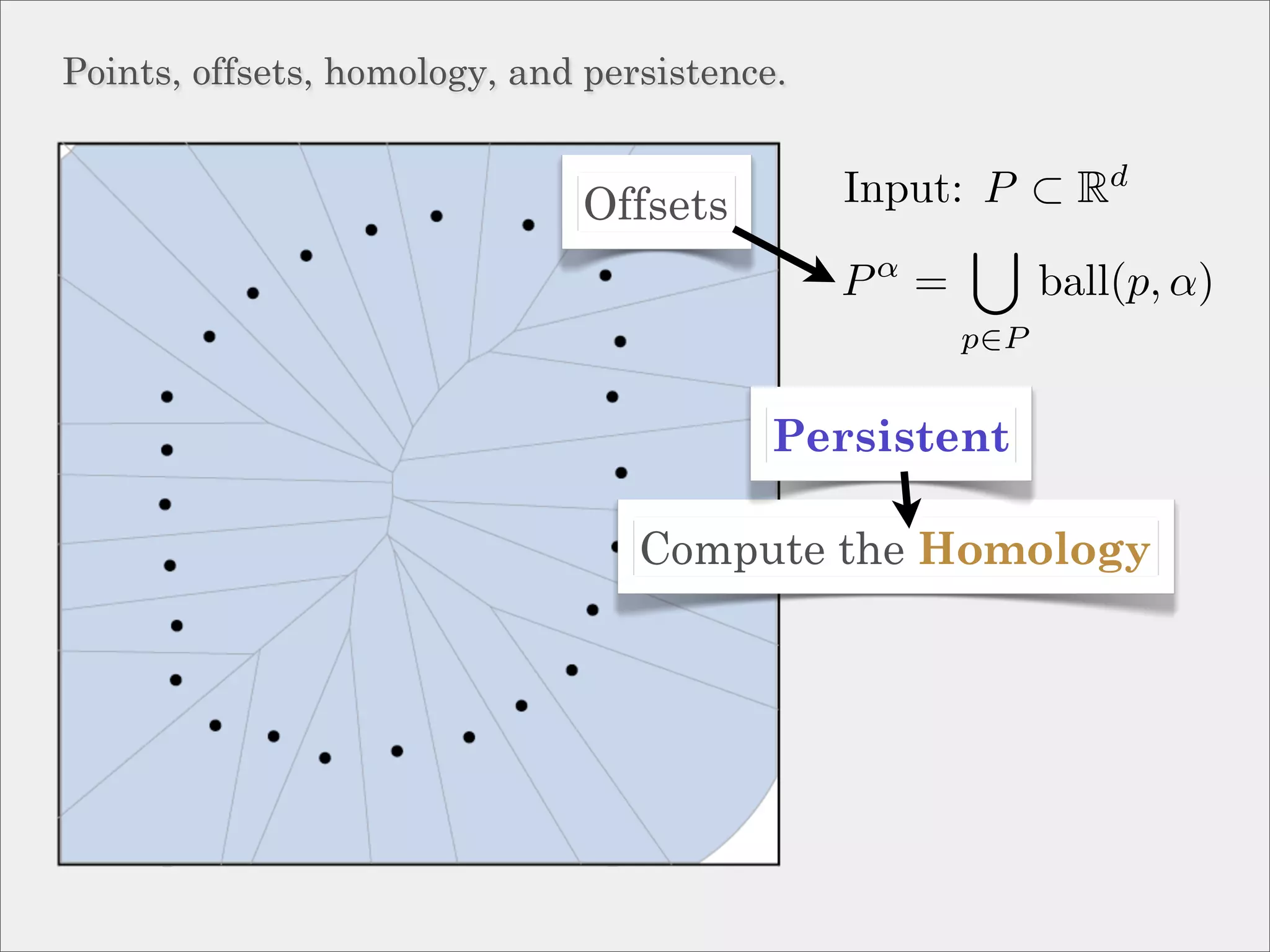 Points, offsets, homology, and persistence.


                              Offsets         Input: P ⊂ Rd
                                               α
                                              P =         ball(p, α)
                                                    p∈P


                                          Persistent

                                  Compute the Homology
 
