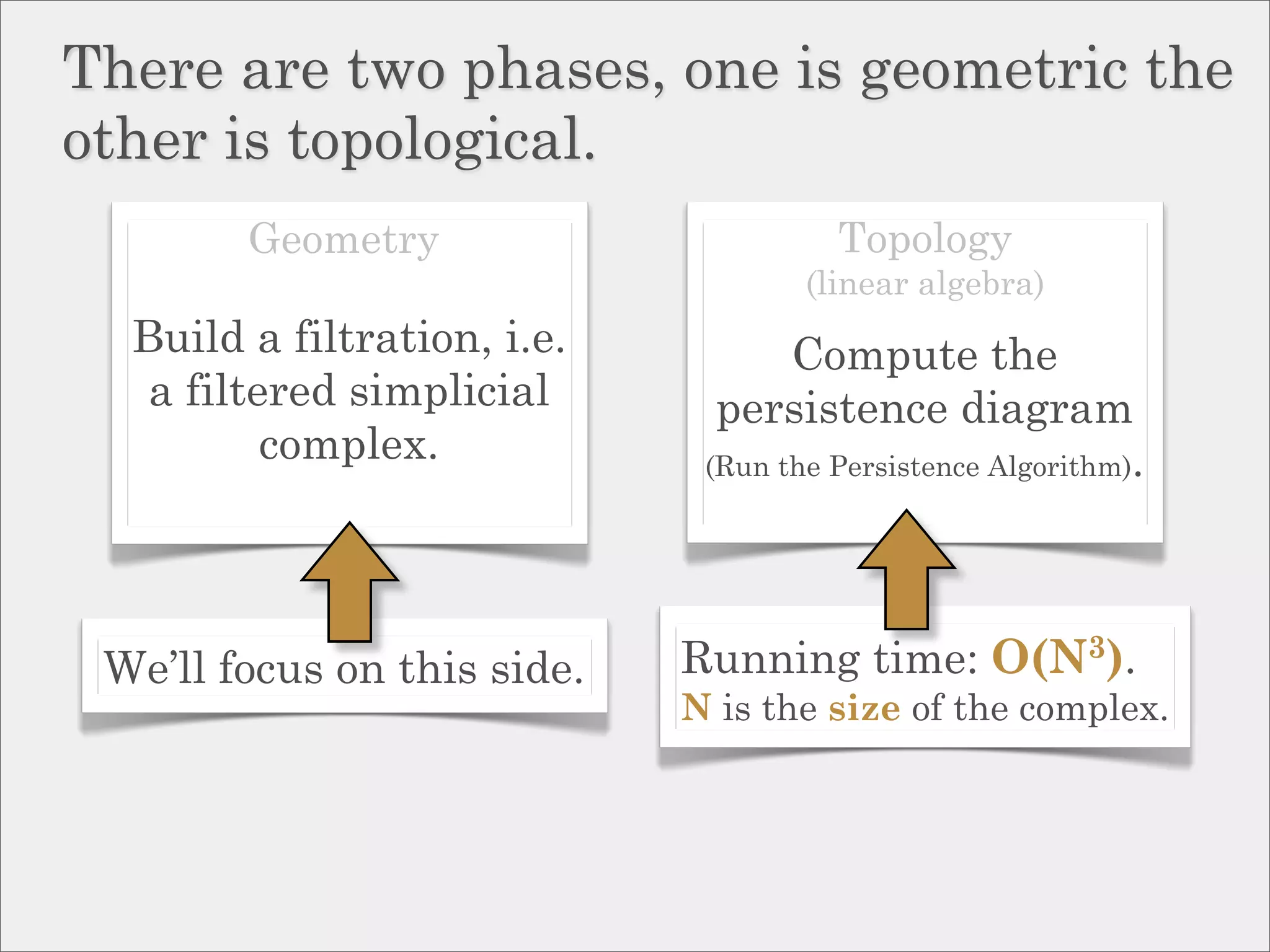 There are two phases, one is geometric the
other is topological.
        Geometry                       Topology
                                     (linear algebra)
  Build a filtration, i.e.          Compute the
   a filtered simplicial       persistence diagram
          complex.            (Run the Persistence Algorithm).




 We’ll focus on this side.   Running time: O(N3).
                             N is the size of the complex.
 