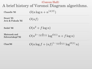 A brief history of Voronoi Diagram algorithms.
O(n log n + n d/2
)Chazelle ’93
(Convex Hull)
Swart ’85
Avis & Fukuda ’92
O(nf)
O(n2
+ f log n)Seidel ’86
O(n2− 2
d/2 +1 logO(1)
n + f log n)
Matousek and
Schwartzkopf ’92
O(n log f + (nf)1− 1
d/2 +1 logO(1)
n)Chan’96
 