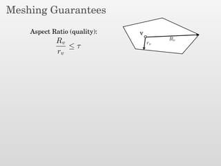 Meshing Guarantees
Aspect Ratio (quality): v
Rv
rv
Rv
rv
≤ τ
 