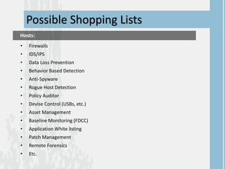 • Firewalls
• IDS/IPS
• Data Loss Prevention
• Behavior Based Detection
• Anti-Spyware
• Rogue Host Detection
• Policy Auditor
• Devise Control (USBs, etc.)
• Asset Management
• Baseline Monitoring (FDCC)
• Application White listing
• Patch Management
• Remote Forensics
• Etc.
Possible Shopping Lists
Hosts:
 