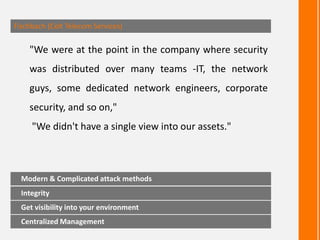 "We were at the point in the company where security
was distributed over many teams -IT, the network
guys, some dedicated network engineers, corporate
security, and so on,"
"We didn't have a single view into our assets."
Fischbach (Colt Telecom Services)
Integrity
Get visibility into your environment
Centralized Management
Modern & Complicated attack methods
 