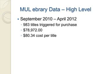 MUL ebrary Data – High Level
   September 2010 – April 2012
    ◦ 983 titles triggered for purchase
    ◦ $78,972.00
    ◦ $80.34 cost per title
 