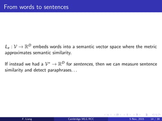 From words to sentences
Le : V → RD embeds words into a semantic vector space where the metric
approximates semantic similarity.
If instead we had a V∗ → RD for sentences, then we can measure sentence
similarity and detect paraphrases. . .
F. Liang Cambridge MLG RCC 5 Nov, 2015 14 / 39
 