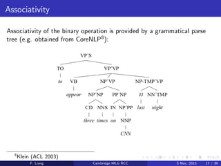 Associativity
Associativity of the binary operation is provided by a grammatical parse
tree (e.g. obtained from CoreNLP8):
8
Klein (ACL 2003)
F. Liang Cambridge MLG RCC 5 Nov, 2015 17 / 39
 