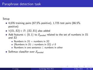 Paraphrase detection task
Setup
4,076 training pairs (67.5% positive), 1,725 test pairs (66.5%
positive)
∀(S1, S2) ∈ D, (S2, S1) also added
Add features ∈ {0, 1} to Spooled related to the set of numbers in S1
and S2
Numbers in S1 = numbers in S2
(Numbers in S1 ∪ numbers in S2) = ∅
Numbers in one sentence ⊂ numbers in other
Softmax classiﬁer over Spooled
F. Liang Cambridge MLG RCC 5 Nov, 2015 30 / 39
 