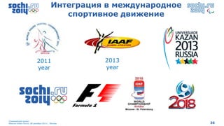 Интеграция в международное
                                          спортивное движение




                          2011                   2013
                          year                   year




Олимпийский проект
Moscow Urban Forum, 08 декабря 2011г., Москва                       36
 