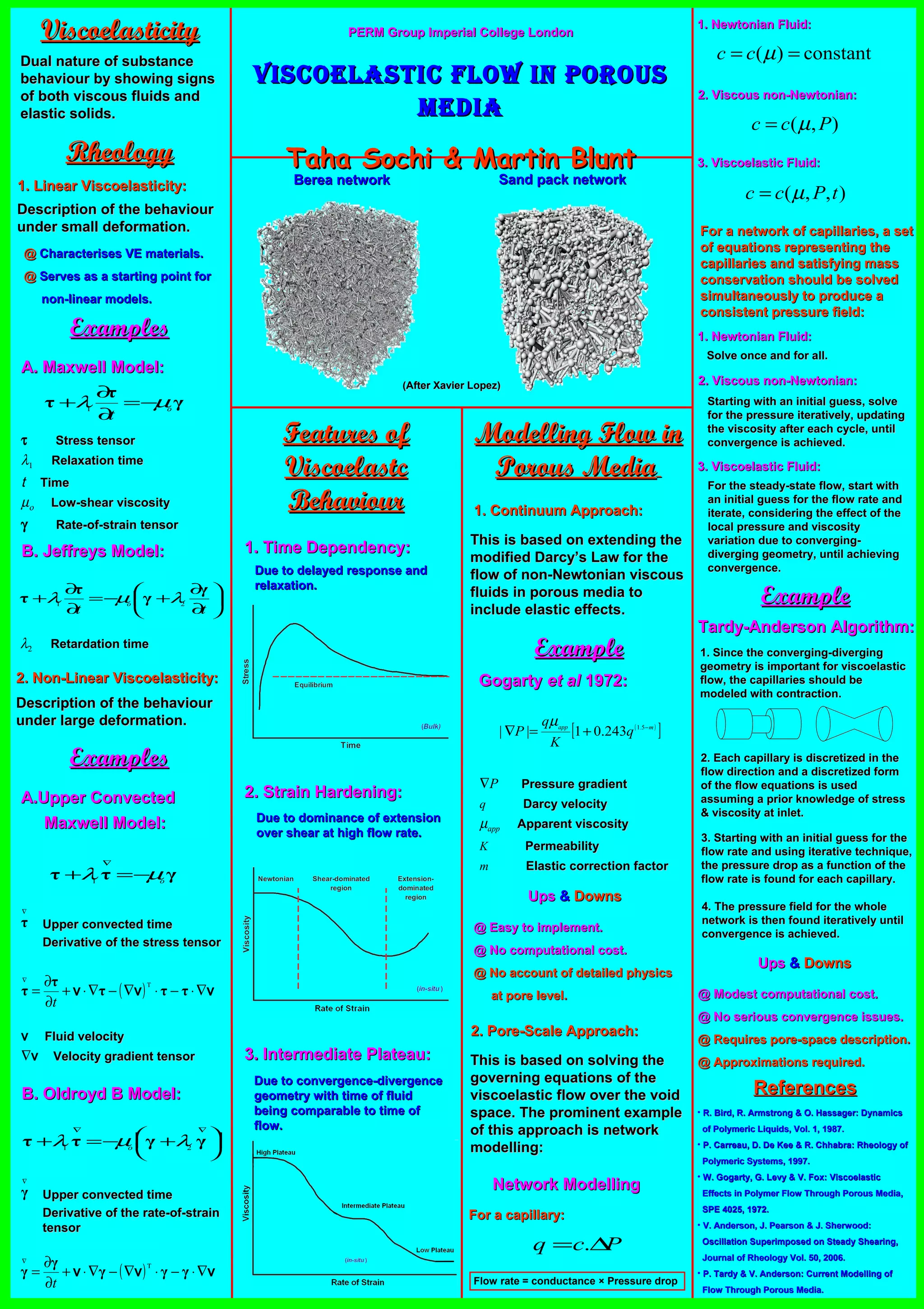 PERM Group Imperial College LondonPERM Group Imperial College London
Viscoelastic Flow in PorousViscoelastic Flow in Porous
MediaMedia
Taha Sochi & Martin BluntTaha Sochi & Martin BluntRheologyRheology
1. Linear Viscoelasticity:1. Linear Viscoelasticity:
τ Stress tensorStress tensor
λ1 Relaxation timeRelaxation time
t TimeTime
µο Low-shear viscosityLow-shear viscosity
γ Rate-of-strain tensorRate-of-strain tensor
Berea networkBerea network Sand pack networkSand pack network
Modelling Flow inModelling Flow in
Porous MediaPorous Media
ReferencesReferences
• R. Bird, R. Armstrong & O. Hassager: DynamicsR. Bird, R. Armstrong & O. Hassager: Dynamics
of Polymeric Liquids, Vol. 1, 1987.of Polymeric Liquids, Vol. 1, 1987.
• P. Carreau, D. De Kee & R. Chhabra: Rheology ofP. Carreau, D. De Kee & R. Chhabra: Rheology of
Polymeric Systems, 1997.Polymeric Systems, 1997.
• W. Gogarty, G. Levy & V. Fox:W. Gogarty, G. Levy & V. Fox: ViscoelasticViscoelastic
Effects in Polymer Flow Through Porous MediaEffects in Polymer Flow Through Porous Media,,
SPE 4025, 1972.SPE 4025, 1972.
• V. Anderson, J. Pearson & J. Sherwood:V. Anderson, J. Pearson & J. Sherwood:
Oscillation Superimposed on Steady Shearing,Oscillation Superimposed on Steady Shearing,
Journal of Rheology Vol. 50, 2006.Journal of Rheology Vol. 50, 2006.
• P. Tardy & V. Anderson: Current Modelling ofP. Tardy & V. Anderson: Current Modelling of
Flow Through Porous Media.Flow Through Porous Media.
Description of the behaviourDescription of the behaviour
under small deformation.under small deformation.
ExamplesExamples
A. Maxwell Model:A. Maxwell Model:
γ
τ
τ o
t
µλ −=
∂
∂
+ 1
B. Jeffreys Model:B. Jeffreys Model:






∂
∂
+−=
∂
∂
+
tt
o
γ
γ
τ
τ 21
λµλ
λ2 Retardation timeRetardation time
2. Non-Linear Viscoelasticity:2. Non-Linear Viscoelasticity:
Description of the behaviourDescription of the behaviour
under large deformation.under large deformation.
ExamplesExamples
A.A.Upper ConvectedUpper Convected
Maxwell Model:Maxwell Model:
@@ Characterises VE materials.Characterises VE materials.
@@ Serves as a starting point forServes as a starting point for
non-linear models.non-linear models.
γττ o
µλ −=+
∇
1
Upper convected timeUpper convected time
Derivative of the stress tensorDerivative of the stress tensor
∇
τ
( ) vvv ∇⋅−⋅∇−∇⋅+
∂
∂
=
Τ
∇
τττ
τ
τ
t
v Fluid velocityFluid velocity
∇v Velocity gradient tensorVelocity gradient tensor
B. Oldroyd B Model:B. Oldroyd B Model:




 +−=+
∇∇
γγττ 21
λµλ o
∇
γ
( ) vvv ∇⋅−⋅∇−∇⋅+
∂
∂
=
Τ
∇
γγγ
γ
γ
t
Upper convected timeUpper convected time
Derivative of the rate-of-strainDerivative of the rate-of-strain
tensortensor
1. Continuum Approach:1. Continuum Approach:
This is based on extending theThis is based on extending the
modified Darcy’s Law for themodified Darcy’s Law for the
flow of non-Newtonian viscousflow of non-Newtonian viscous
fluids in porous media tofluids in porous media to
include elastic effects.include elastic effects.
2. Pore-Scale Approach:2. Pore-Scale Approach:
UpsUps && DownsDowns
@ Easy to implement.@ Easy to implement.
@ No computational cost.@ No computational cost.
@ No account of detailed physics@ No account of detailed physics
at pore level.at pore level.
This is based on solving theThis is based on solving the
governing equations of thegoverning equations of the
viscoelastic flow over the voidviscoelastic flow over the void
space. The prominent examplespace. The prominent example
of this approach is networkof this approach is network
modelling:modelling:
ExampleExample
GogartyGogarty et alet al 1972:1972:
( )
[ ]mapp
q
K
q
P −
+=∇ 5.1
243.01||
µ
∇P Pressure gradientPressure gradient
q Darcy velocityDarcy velocity
µapp Apparent viscosityApparent viscosity
K PermeabilityPermeability
m Elastic correction factorElastic correction factor
UpsUps && DownsDowns
@ Modest computational cost.@ Modest computational cost.
@ No serious convergence issues.@ No serious convergence issues.
@ Requires pore-space description.@ Requires pore-space description.
@ Approximations required.@ Approximations required.
(After Xavier Lopez)(After Xavier Lopez)
ViscoelasticityViscoelasticity
Dual nature of substanceDual nature of substance
behaviour by showing signsbehaviour by showing signs
of both viscous fluids andof both viscous fluids and
elastic solids.elastic solids.
Features ofFeatures of
ViscoelastcViscoelastc
BehaviourBehaviour
1. Time Dependency:1. Time Dependency:
2. Strain Hardening:2. Strain Hardening:
3. Intermediate Plateau:3. Intermediate Plateau:
Due to delayed response andDue to delayed response and
relaxation.relaxation.
Due to dominance of extensionDue to dominance of extension
over shear at high flow rate.over shear at high flow rate.
Due to convergence-divergenceDue to convergence-divergence
geometry with time of fluidgeometry with time of fluid
being comparable to time ofbeing comparable to time of
flow.flow.
1. Newtonian Fluid:1. Newtonian Fluid:
2. Viscous non-Newtonian:2. Viscous non-Newtonian:
3. Viscoelastic Fluid:3. Viscoelastic Fluid:
constant)( == µcc
),( Pcc µ=
),,( tPcc µ=
For a network of capillaries, a setFor a network of capillaries, a set
of equations representing theof equations representing the
capillaries and satisfying masscapillaries and satisfying mass
conservation should be solvedconservation should be solved
simultaneously to produce asimultaneously to produce a
consistent pressure field:consistent pressure field:
Network ModellingNetwork Modelling
Pcq ∆= .
Flow rate = conductance × Pressure drop
For a capillary:For a capillary:
1. Newtonian Fluid:1. Newtonian Fluid:
2. Viscous non-Newtonian:2. Viscous non-Newtonian:
3. Viscoelastic Fluid:3. Viscoelastic Fluid:
Solve once and for all.Solve once and for all.
Starting with an initial guess, solveStarting with an initial guess, solve
for the pressure iteratively, updatingfor the pressure iteratively, updating
the viscosity after each cycle, untilthe viscosity after each cycle, until
convergence is achieved.convergence is achieved.
For the steady-state flow, start withFor the steady-state flow, start with
an initial guess for the flow rate andan initial guess for the flow rate and
iterate, considering the effect of theiterate, considering the effect of the
local pressure and viscositylocal pressure and viscosity
variation due to converging-variation due to converging-
diverging geometry, until achievingdiverging geometry, until achieving
convergence.convergence.
ExampleExample
Tardy-Anderson Algorithm:Tardy-Anderson Algorithm:
1. Since the converging-diverging1. Since the converging-diverging
geometry is important for viscoelasticgeometry is important for viscoelastic
flow, the capillaries should beflow, the capillaries should be
modeled with contraction.modeled with contraction.
2. Each capillary is discretized in the2. Each capillary is discretized in the
flow direction and a discretized formflow direction and a discretized form
of the flow equations is usedof the flow equations is used
assuming a prior knowledge of stressassuming a prior knowledge of stress
& viscosity at inlet.& viscosity at inlet.
3. Starting with an initial guess for the3. Starting with an initial guess for the
flow rate and using iterative technique,flow rate and using iterative technique,
the pressure drop as a function of thethe pressure drop as a function of the
flow rate is found for each capillary.flow rate is found for each capillary.
4. The pressure field for the whole4. The pressure field for the whole
network is then found iteratively untilnetwork is then found iteratively until
convergence is achieved.convergence is achieved.
 