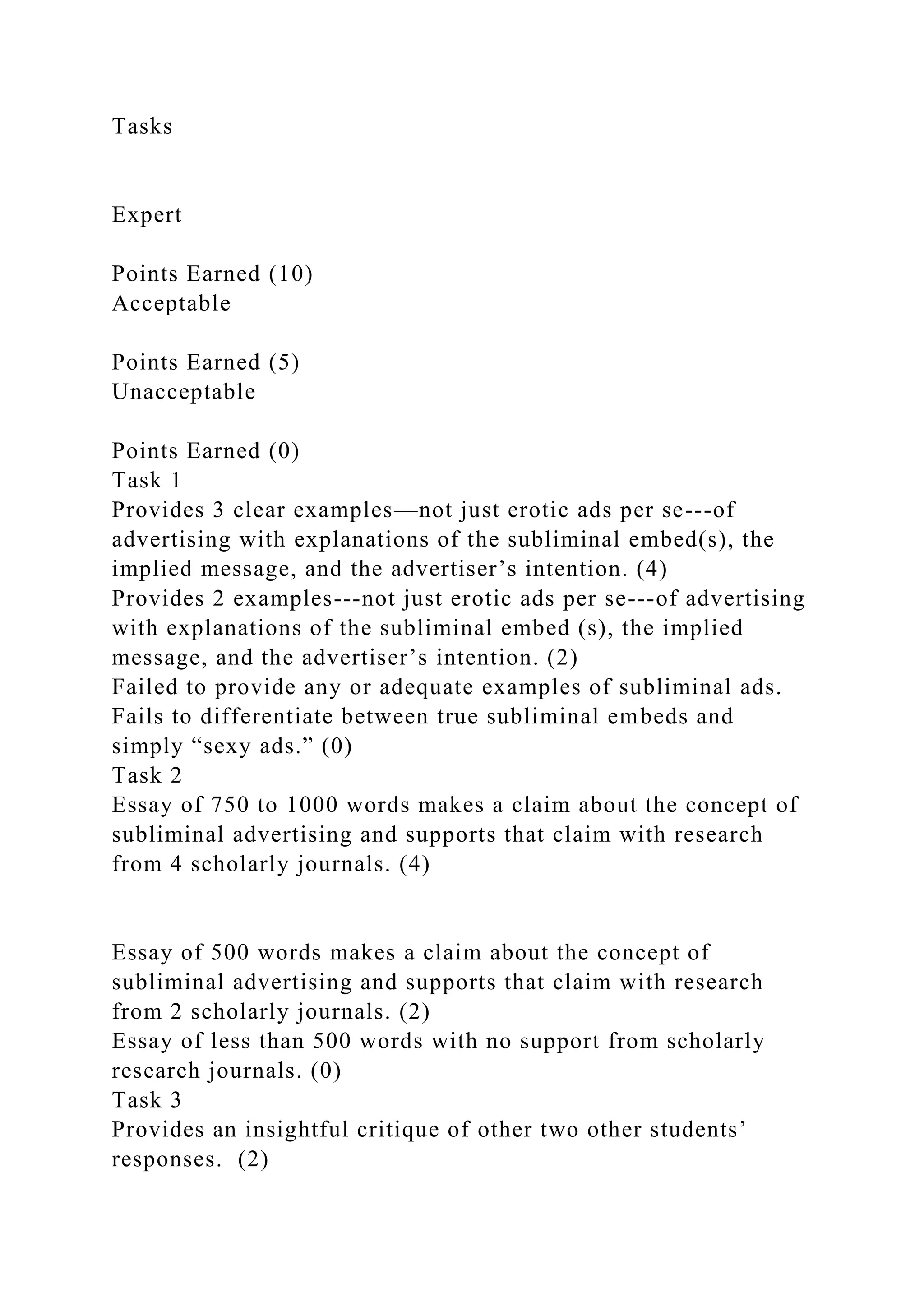 Tasks
Expert
Points Earned (10)
Acceptable
Points Earned (5)
Unacceptable
Points Earned (0)
Task 1
Provides 3 clear examples—not just erotic ads per se---of
advertising with explanations of the subliminal embed(s), the
implied message, and the advertiser’s intention. (4)
Provides 2 examples---not just erotic ads per se---of advertising
with explanations of the subliminal embed (s), the implied
message, and the advertiser’s intention. (2)
Failed to provide any or adequate examples of subliminal ads.
Fails to differentiate between true subliminal embeds and
simply “sexy ads.” (0)
Task 2
Essay of 750 to 1000 words makes a claim about the concept of
subliminal advertising and supports that claim with research
from 4 scholarly journals. (4)
Essay of 500 words makes a claim about the concept of
subliminal advertising and supports that claim with research
from 2 scholarly journals. (2)
Essay of less than 500 words with no support from scholarly
research journals. (0)
Task 3
Provides an insightful critique of other two other students’
responses. (2)
 