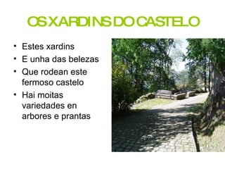OS XARDINS DO CASTELO Estes xardins E unha das belezas Que rodean este fermoso castelo Hai moitas variedades en arbores e prantas 