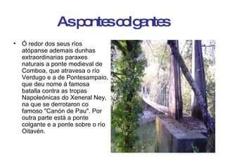 As pontes colgantes Ó redor dos seus ríos atópanse ademais dunhas extraordinarias paraxes naturais a ponte medieval de Comboa, que atravesa o río Verdugo e a de Pontesampaio, que deu nome á famosa batalla contra as tropas Napoleónicas do Xeneral Ney, na que se derrotaron co famoso "Canón de Pau". Por outra parte está a ponte colgante e a ponte sobre o río Oitavén. 