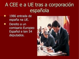 A CEE e a UE tras a corporación española <ul><li>1986 entrada de españa na UE. </li></ul><ul><li>Dereito a un comisario Eu...