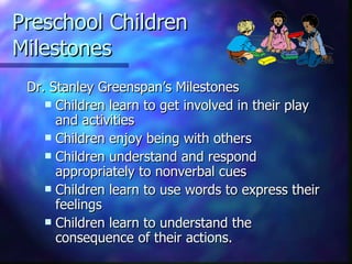 Preschool Children Milestones Dr. Stanley Greenspan’s Milestones Children learn to get involved in their play and activities Children enjoy being with others Children understand and respond appropriately to nonverbal cues Children learn to use words to express their feelings Children learn to understand the consequence of their actions. 