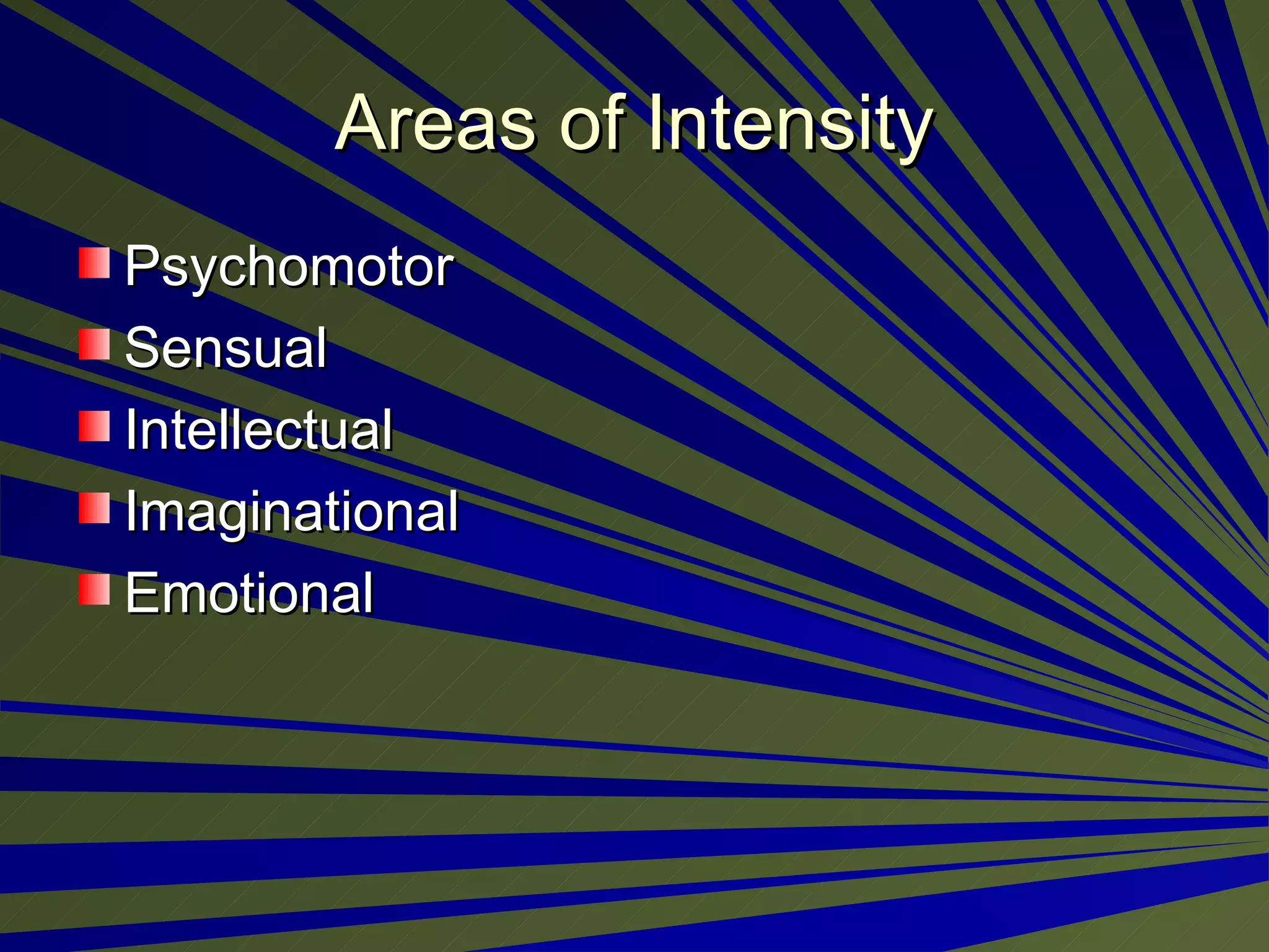 Areas of Intensity Psychomotor Sensual Intellectual Imaginational Emotional  