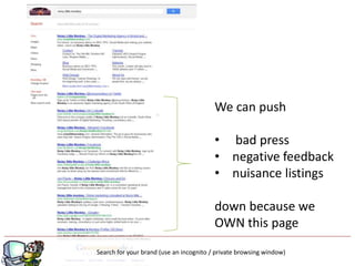 We can push

                                         • bad press
                                         • negative feedback
                                         • nuisance listings

                                         down because we
                                         OWN this page
Search for your brand (use an incognito / private browsing window)
 