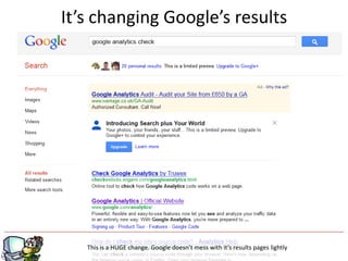 It’s changing Google’s results




   This is a HUGE change. Google g
                                 doesn’t mess with it’s results pages lightly
 