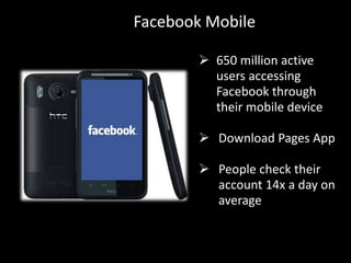 Facebook Mobile
 650 million active
users accessing
Facebook through
their mobile device
 Download Pages App
 People check their
account 14x a day on
average
 
